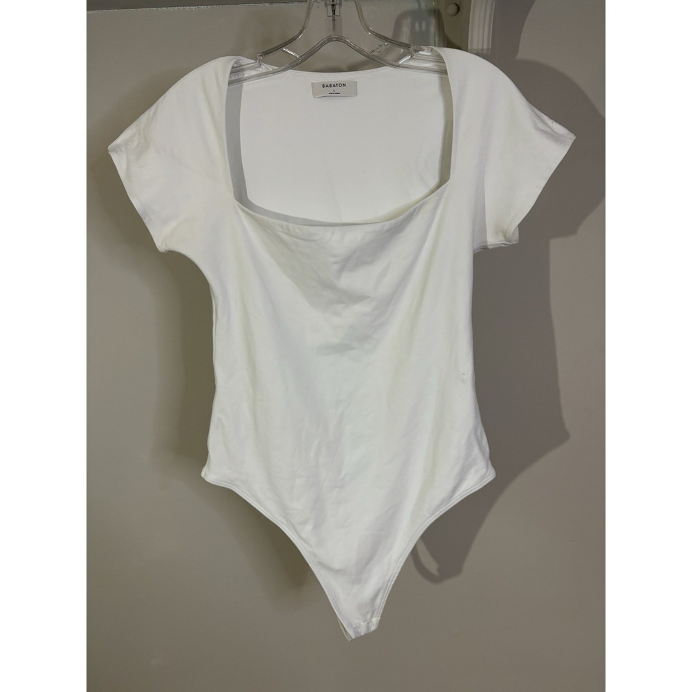 BABATON White Short Sleeve Square Neck‎ Bodysuit L Contour Aritzia